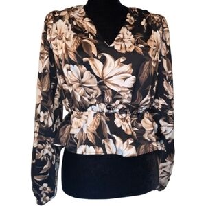 Express Women's Floral Print Peplum Blouse Long Sleeve V-Neck Size Small